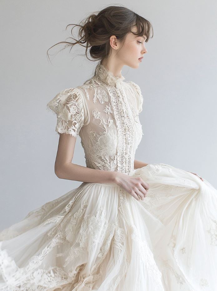 Delicate Edwardian-inspired wedding gown with intricate lace, flowing skirts, and a high neckline, reflecting the romantic and refined bridal fashion of the early 1900s.