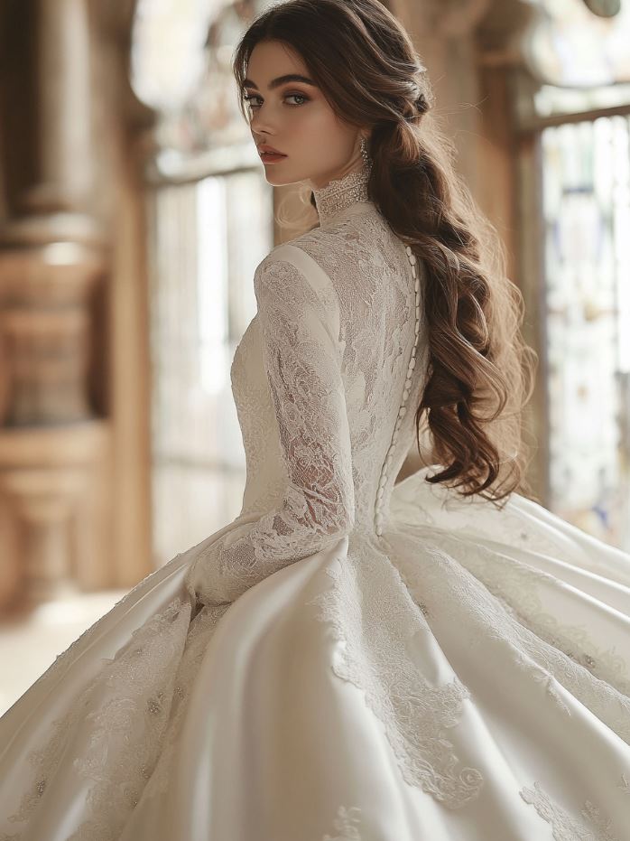 Grand Victorian-inspired ball gown with a voluminous skirt, intricate lace detailing, and luxurious satin or velvet fabric, creating a regal bridal look.