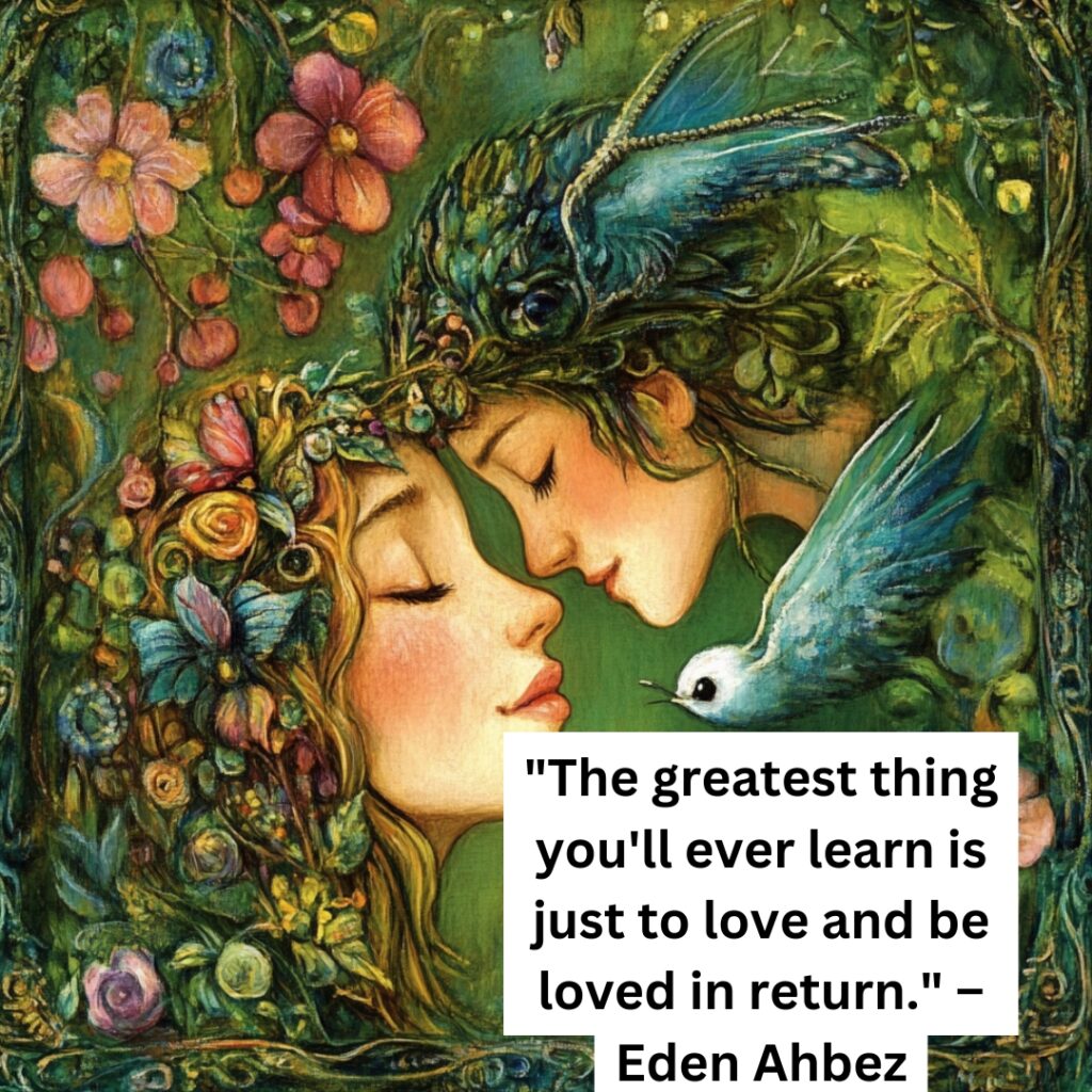 Eden Ahbez's quote about the joy of loving and being loved, inspiring couples to embrace vulnerability and foster a balanced relationship during engagement.