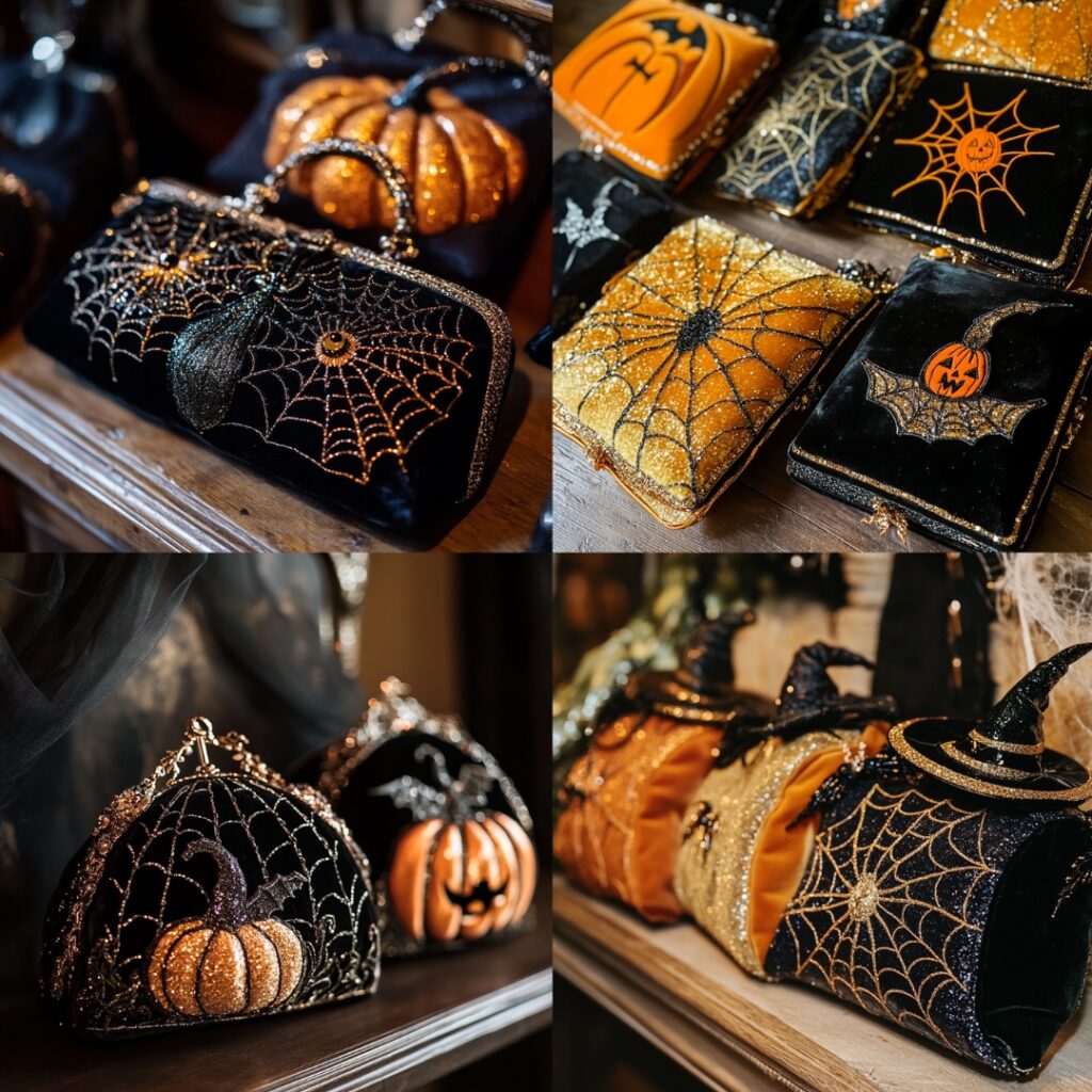 Elegant themed clutches with designs like pumpkins, spider webs, and witch hats, made from velvet and sequined fabric for a Halloween wedding.