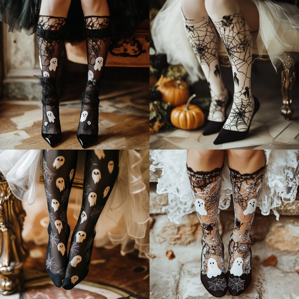 Halloween-themed hosiery featuring spooky patterns like ghosts and spider webs, adding a playful touch to wedding guest outfits.