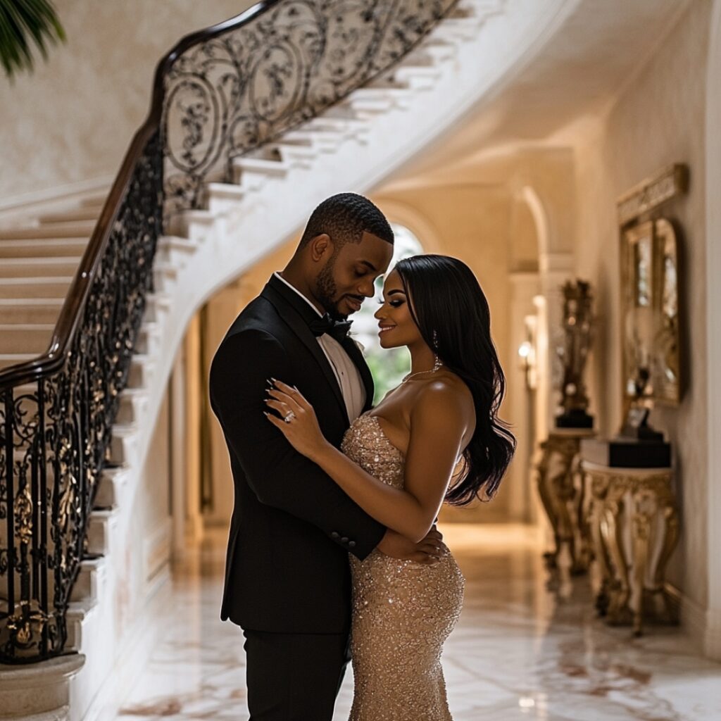 A couple posing for photos in front of the grand staircase of a historic mansion, with themed photography spots featuring elegant arches, lush gardens, and fun vintage props.