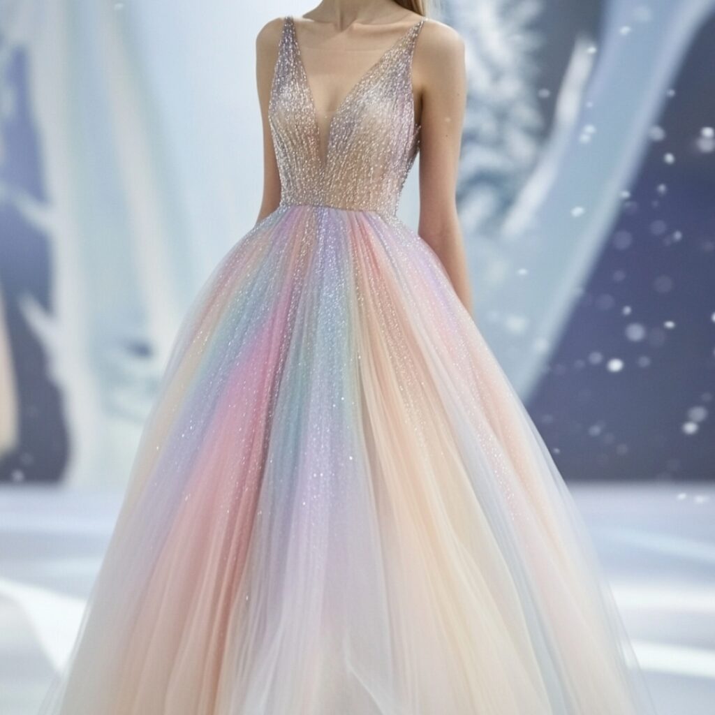 Ethereal tulle skirt dress in soft pastels with metallic accents, creating a fairytale vibe for New Year’s weddings.