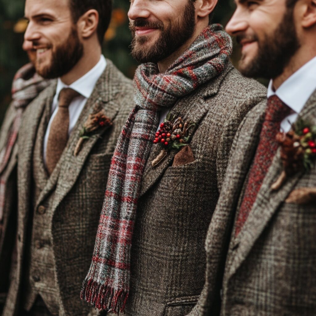 Groomsmen in rustic tweed suits paired with seasonal accessories like plaid scarves and wool ties, perfect for a cozy December countryside wedding.