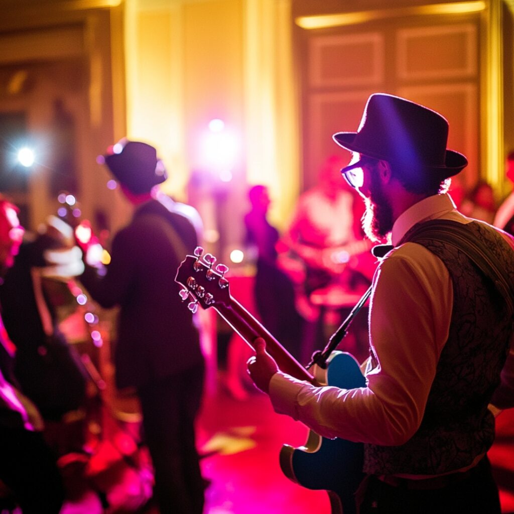 A lively wedding reception featuring unique entertainment, including a live band, a vintage photo booth with props, and guests enjoying interactive games in a historic mansion setting.
