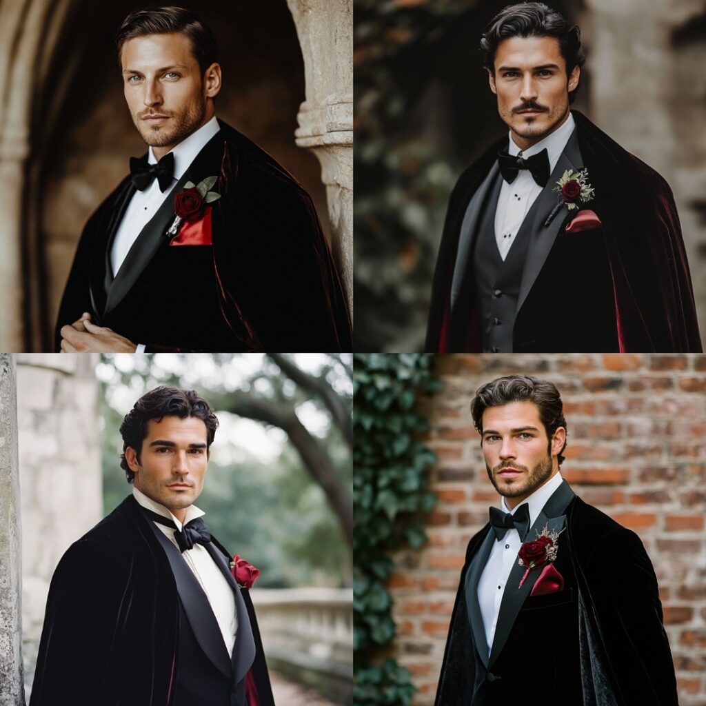 A groom in a dramatic black suit and high-collared white shirt, accessorized with a velvet cape and blood-red pocket square for a striking vampire vibe.