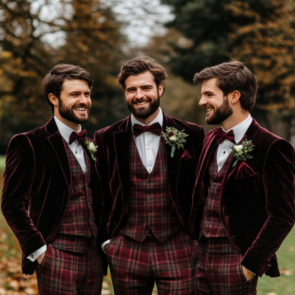 Groomsmen styled in rich velvet blazers paired with festive tartan pants, creating a unique and luxurious outfit for a winter-themed wedding.
