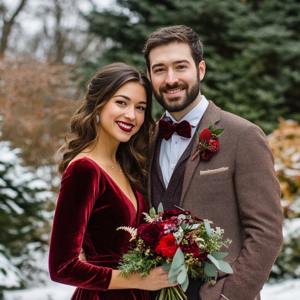 Couple in casual Christmas wedding attire, with the woman in a burgundy velvet dress and the man in a tweed jacket and dark slacks, accented with a velvet bow tie.
