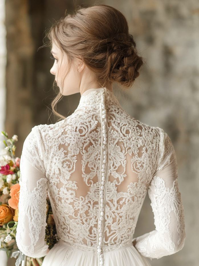 Elegant Victorian-inspired wedding gown with intricate lace detailing, long sleeves, and a high-neck design, ideal for a sophisticated fall or winter wedding.