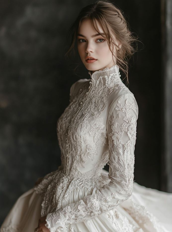 Regal Victorian-inspired lace and satin wedding gown with intricate embroidery, long sleeves, and a modest high neckline, ideal for a sophisticated bridal look.
