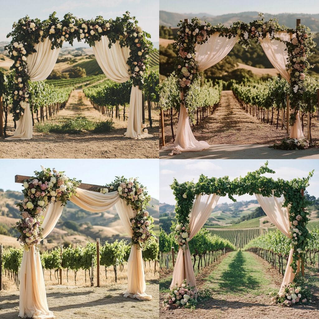A picturesque vineyard ceremony backdrop featuring lush grapevines and hills, enhanced with draped fabric and floral arrangements for a stunning visual experience.