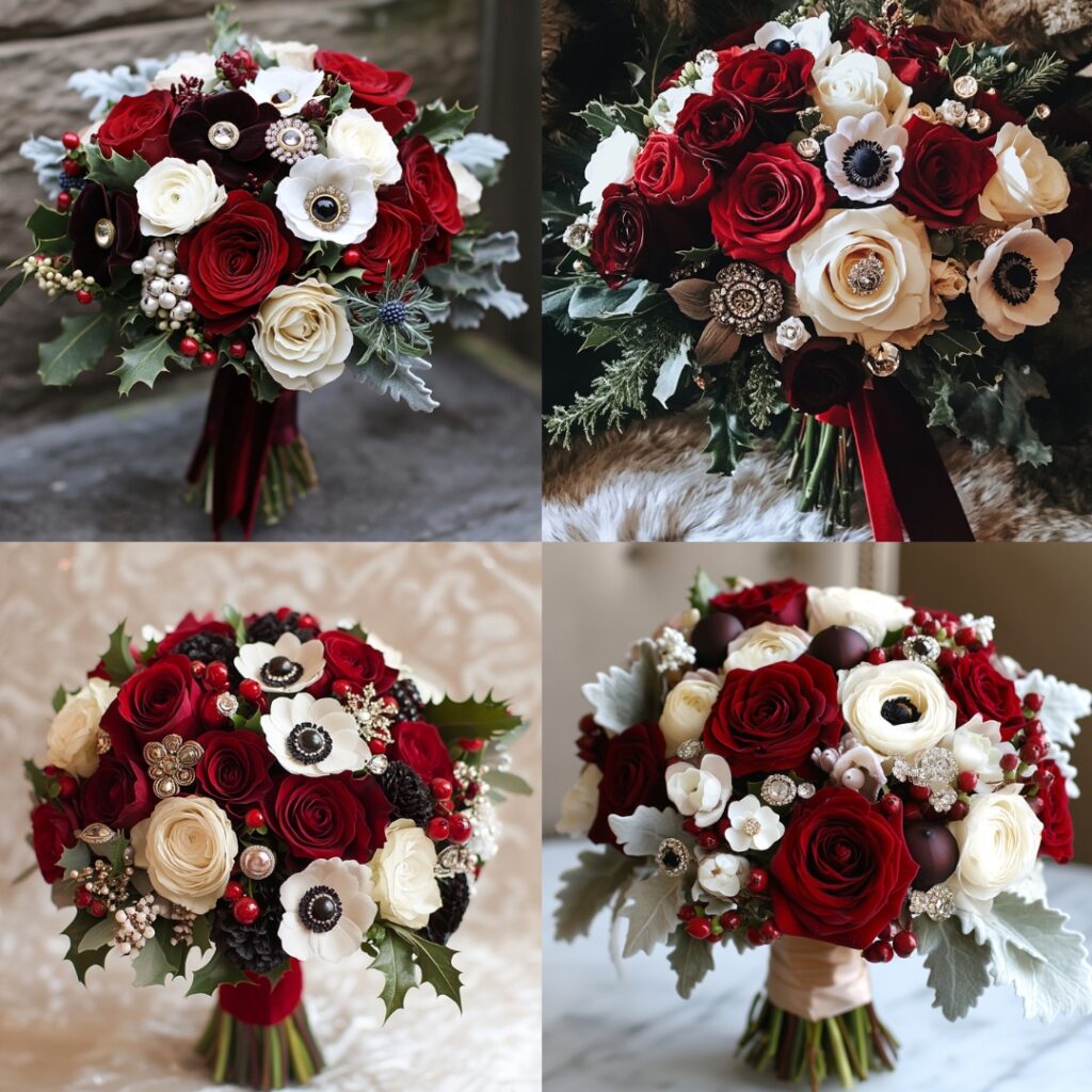Beautiful vintage Christmas wedding bouquet featuring deep red roses, white anemones, holly, and velvet ribbons, with heirloom brooches for a nostalgic touch.