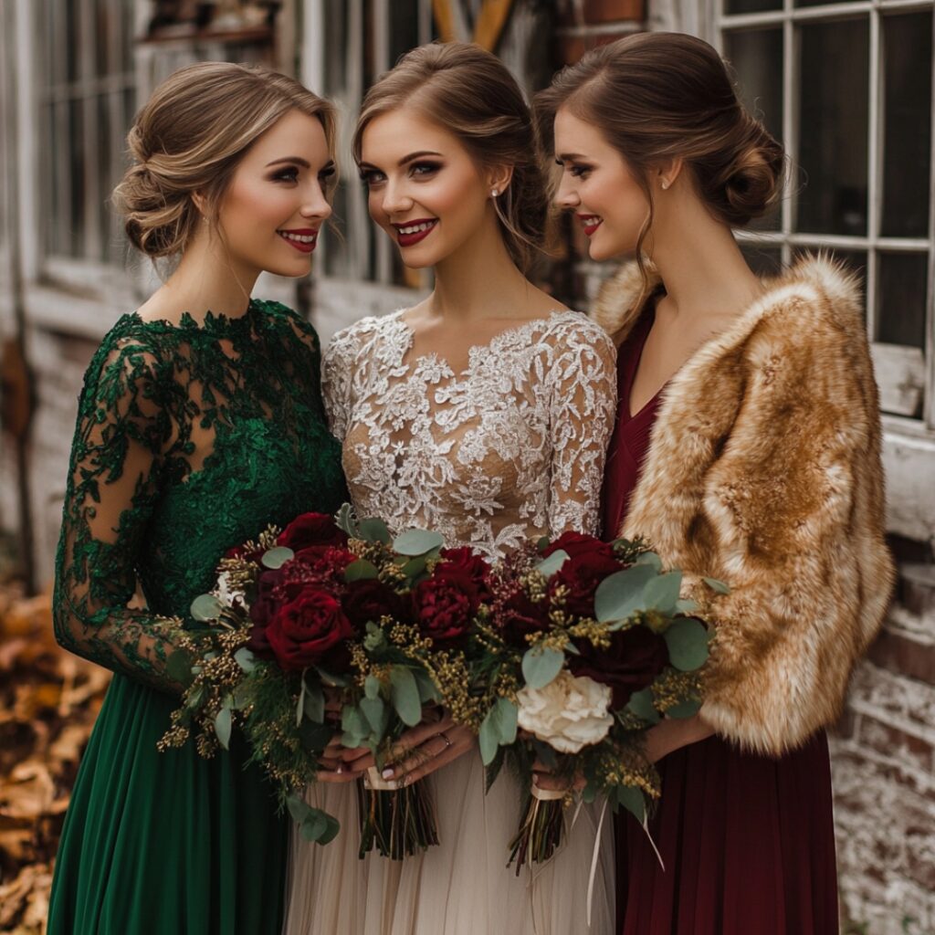 Vintage-inspired bridesmaid dresses in emerald, burgundy, and gold, with lace overlays and soft faux fur wraps for a timeless holiday wedding look.