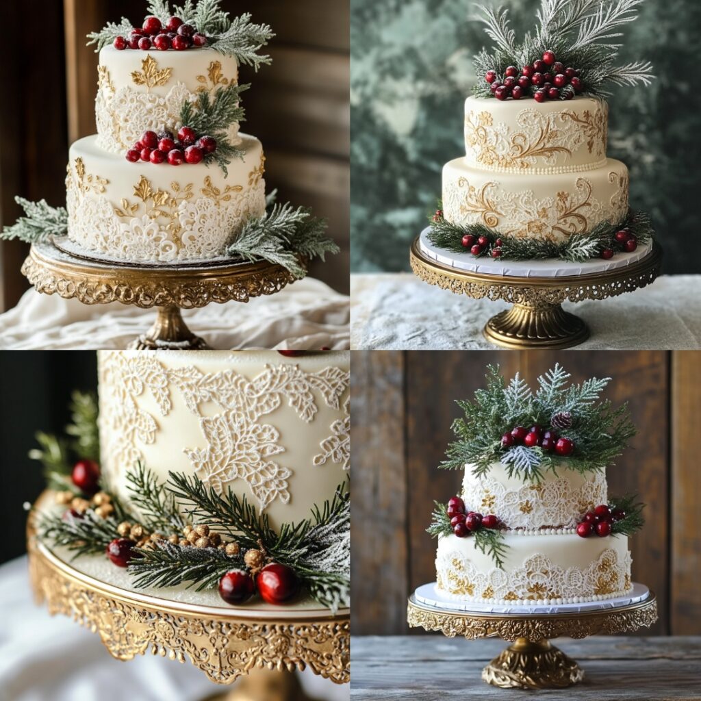 Elegant vintage Christmas wedding cake with intricate lace piping, hand-painted gold accents, sugared cranberries, and evergreen sprigs displayed on an antique cake stand.