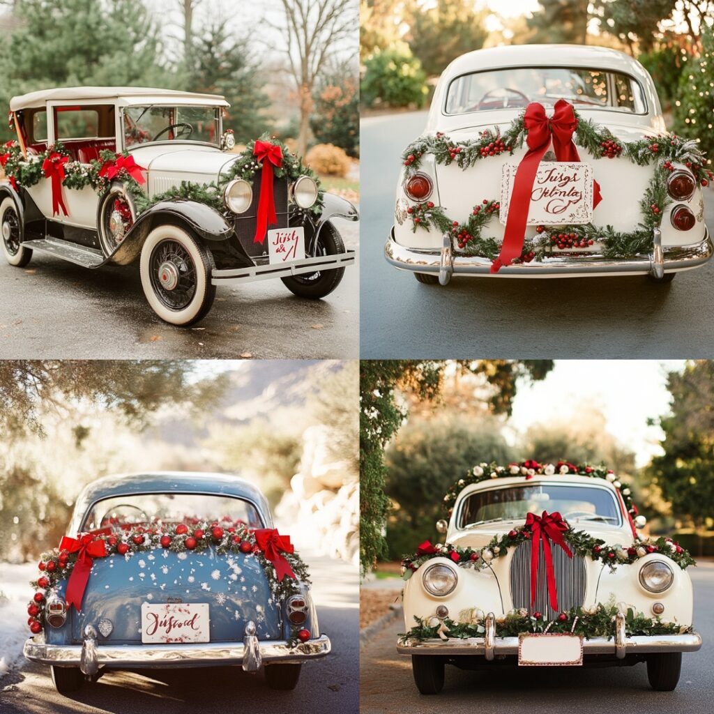 Classic vintage wedding car, decorated with festive garlands, red ribbons, and a ‘Just Married’ sign, offering a picture-perfect holiday departure.