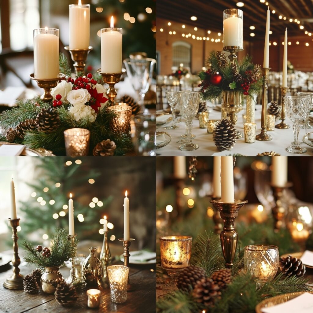 Vintage Christmas wedding centerpieces with mercury glass vases, antique brass candlesticks, and pinecones, creating a nostalgic, candlelit holiday atmosphere.