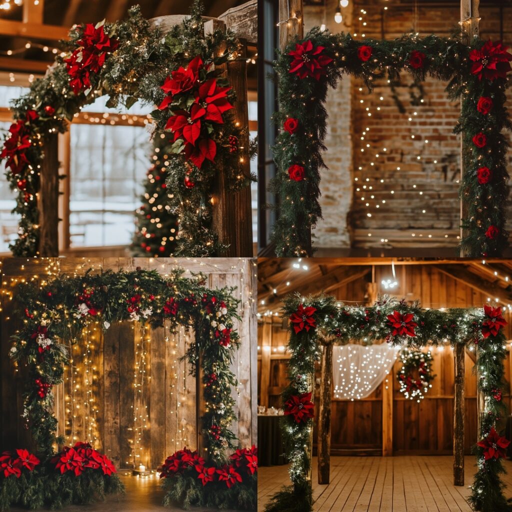 Dreamy vintage Christmas wedding backdrop with evergreen garlands, fairy lights, and a rustic wooden arch adorned with poinsettias and red roses.