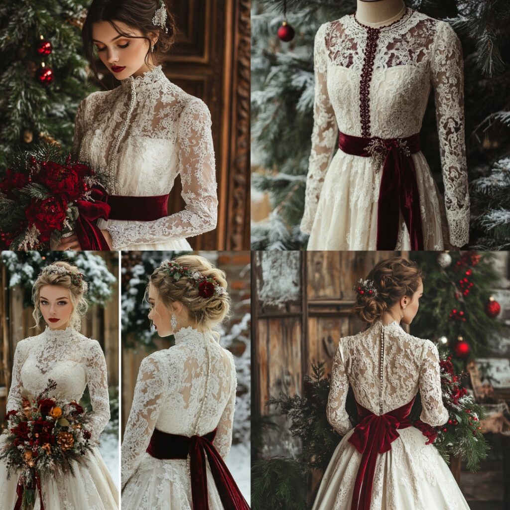 Stunning vintage Christmas wedding dress with lace details, long sleeves, intricate beading, and a luxurious velvet sash in deep red, perfect for the holiday season.