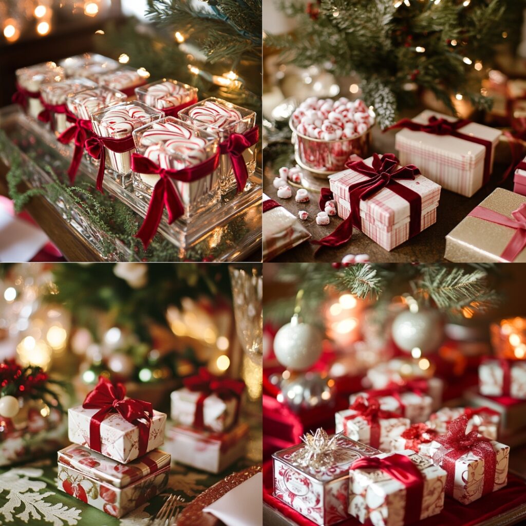 Vintage-inspired Christmas wedding favors, including mini glass ornaments and tin boxes of peppermint bark, wrapped in velvet ribbons for a festive touch.