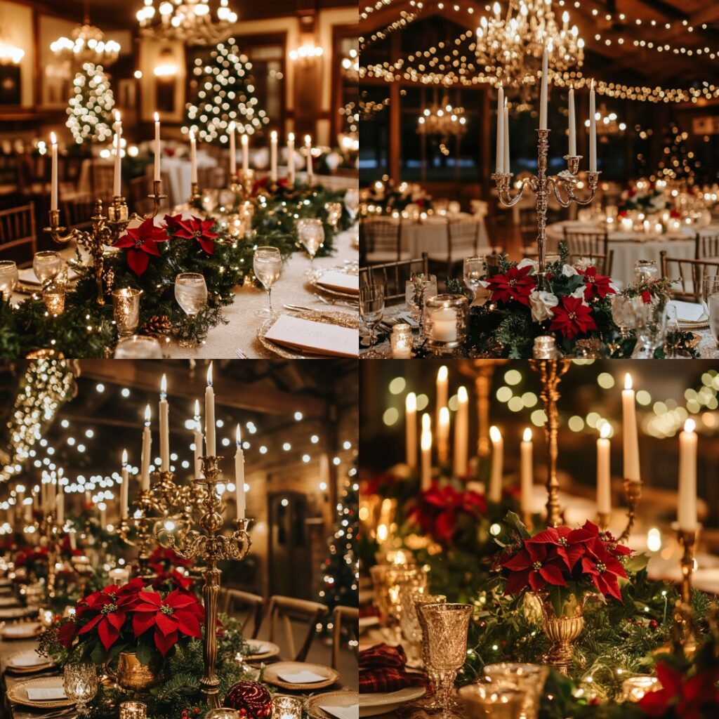 Vintage Christmas wedding venue décor with antique candelabras, twinkling string lights, poinsettias, and greenery like pine and holly for a cozy, festive ambiance.
