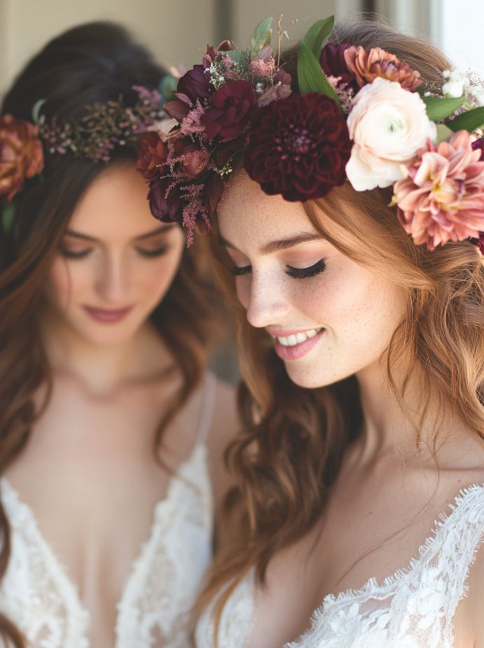 Bridal and bridesmaid floral crowns made from dahlias, roses, and autumnal flowers, adding a whimsical and romantic vintage touch to the bridal party’s look.