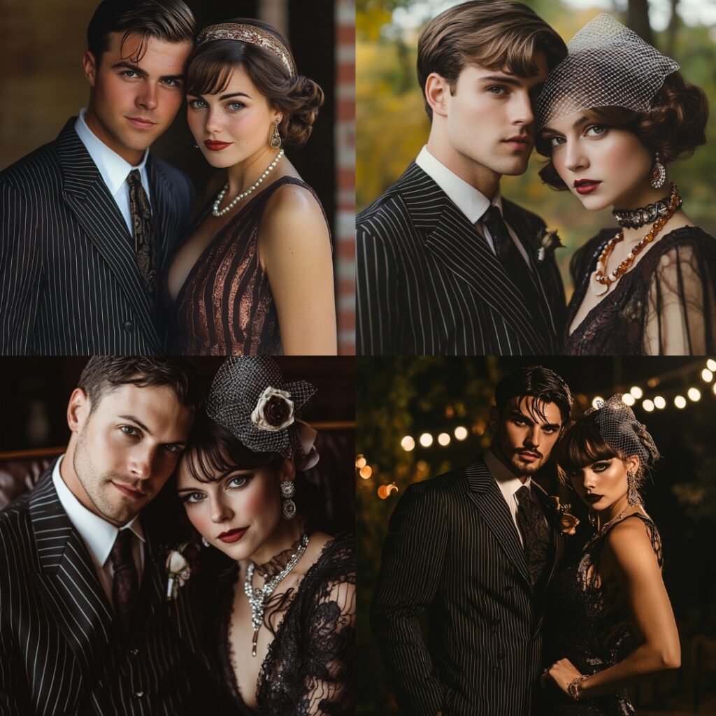 Couple in vintage-inspired attire for a Halloween wedding, featuring a classic pinstripe suit for the man and a flapper-style dress for the woman, enhanced with vintage accessories.