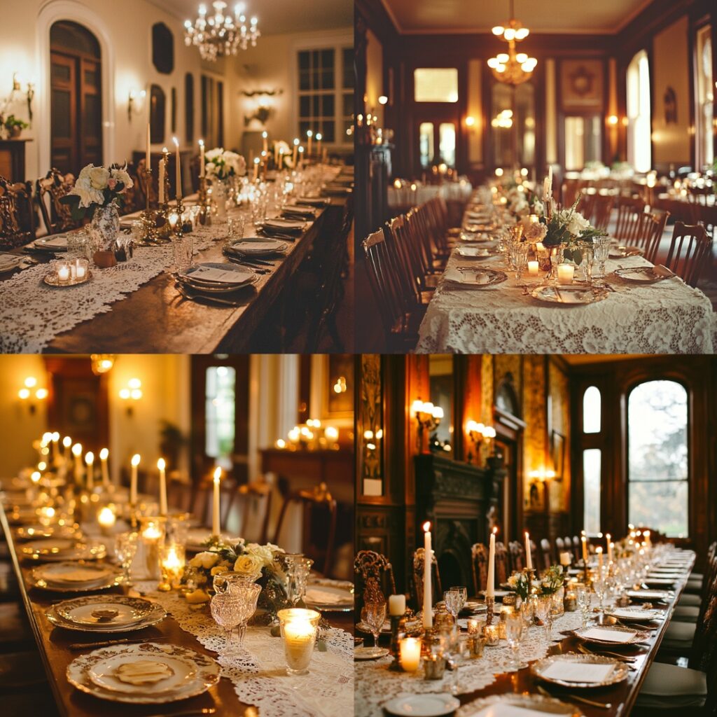 A beautifully arranged wedding reception showcasing vintage-inspired decor, including antique furniture, mismatched china, lace table runners, and warm candlelight in a historic mansion.