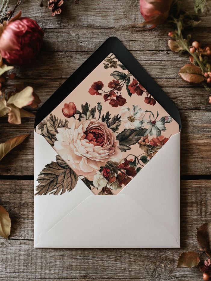 A wedding invitation featuring elegant typography and floral motifs, printed on recycled paper with a rustic, vintage touch, setting the tone for an October wedding celebration.