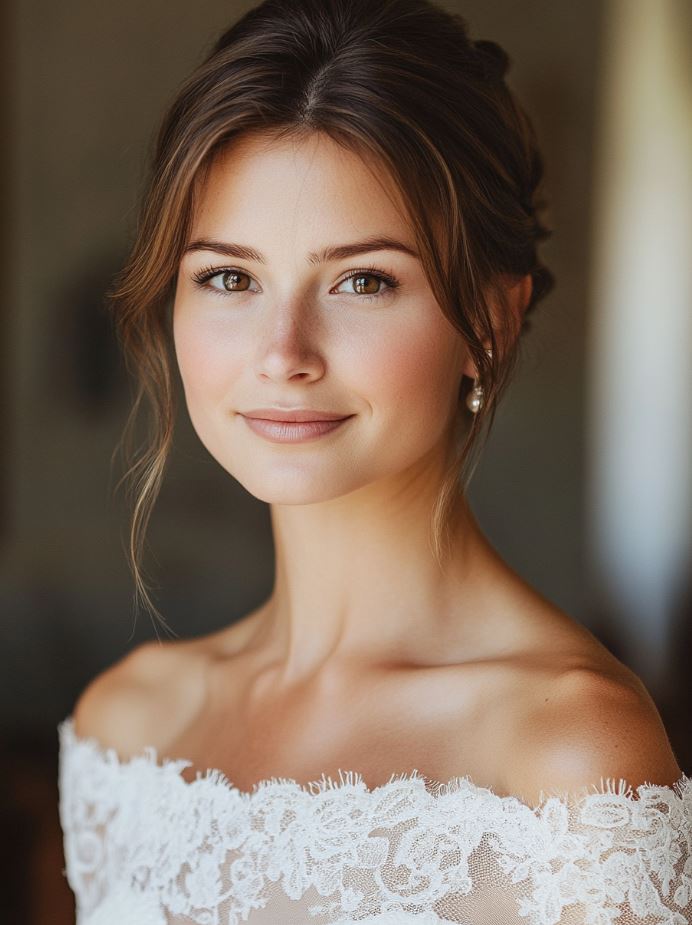 Timeless off-shoulder wedding dress with lace or satin fabric, showcasing the bride’s shoulders and collarbones for a feminine and romantic vintage-inspired look.
