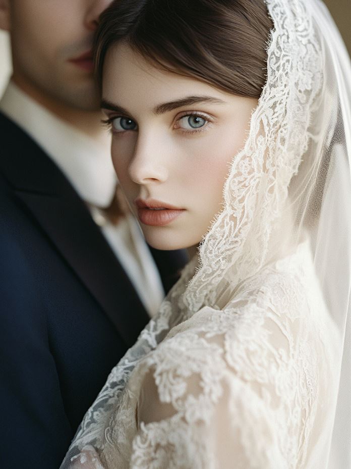 A bride wearing an elegant lace gown with intricate details, paired with a vintage veil, and a groom in a classic tailored suit, showcasing timeless wedding attire inspired by a bygone era.