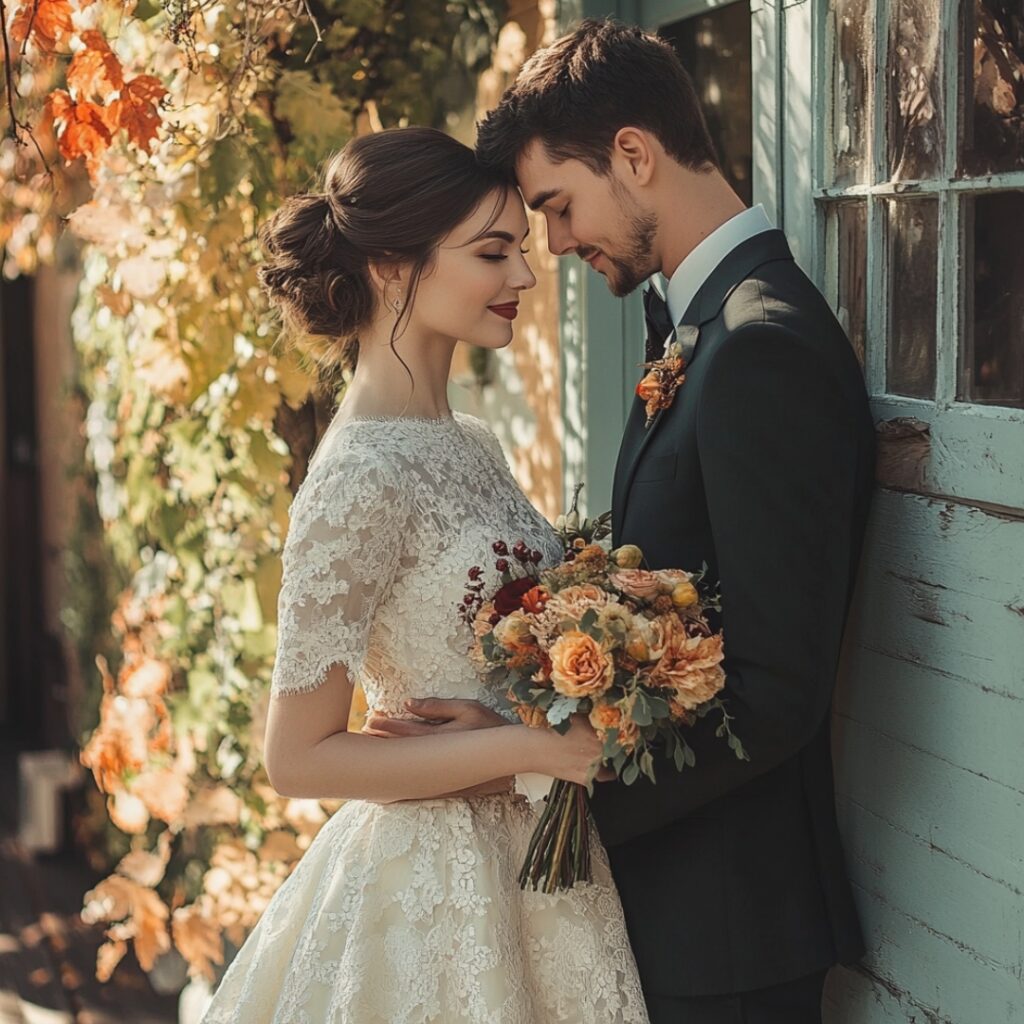 A vintage-inspired wedding dress with retro lace and tea-length skirts, featuring soft pastels for a nostalgic Thanksgiving celebration.