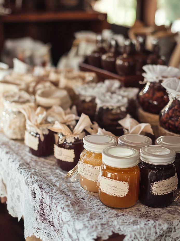 Small, thoughtful vintage wedding favors such as glass jars of homemade preserves, antique keychains, and lace handkerchiefs, beautifully wrapped for guests to take home.