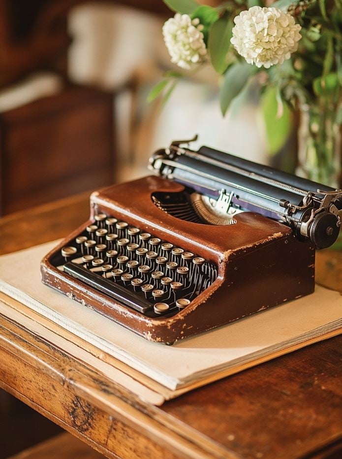 A vintage leather-bound guestbook with guests’ messages, or an antique typewriter for guests to type well-wishes, creating a unique keepsake for the couple.