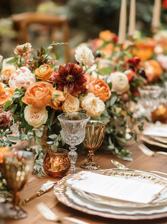 An elegant vintage-themed wedding set in October, capturing the beauty of autumn with rich foliage and nostalgic décor, creating a romantic atmosphere for a memorable celebration.
