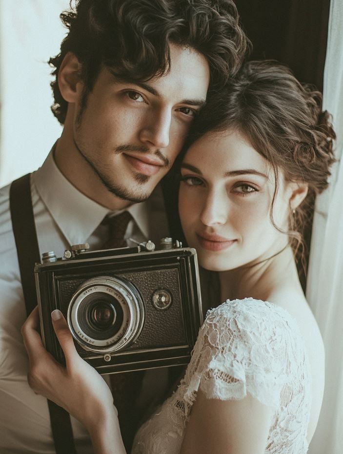 A couple posing with vintage props, such as an old camera, under soft lighting, capturing the timeless essence of their vintage-inspired wedding through romantic photography.