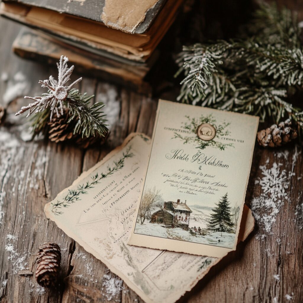 A vintage postcard-style wedding invitation featuring retro fonts, winter scenes, and muted holiday colors, ideal for a nostalgic and cozy December celebration.