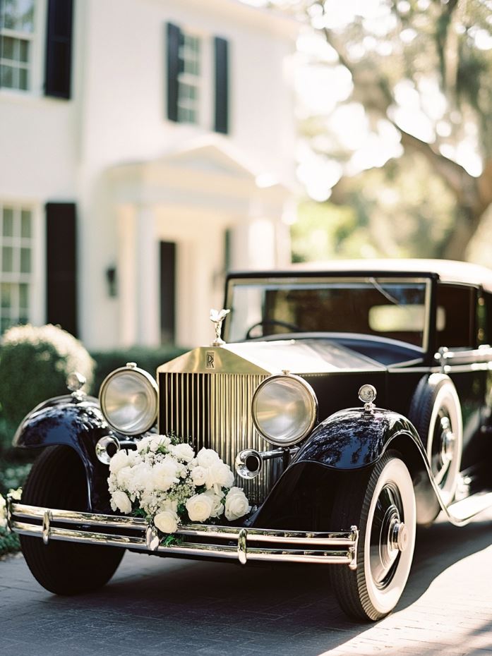 A classic vintage car, such as a 1920s Rolls-Royce or restored truck, used for the bride and groom's grand entrance, perfectly complementing their nostalgic wedding theme.