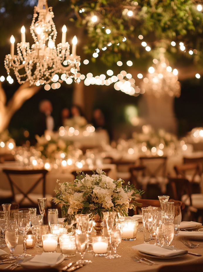 Soft, romantic lighting with antique-style chandeliers, candles in vintage holders, and twinkling fairy lights creating an intimate, magical atmosphere for the reception.