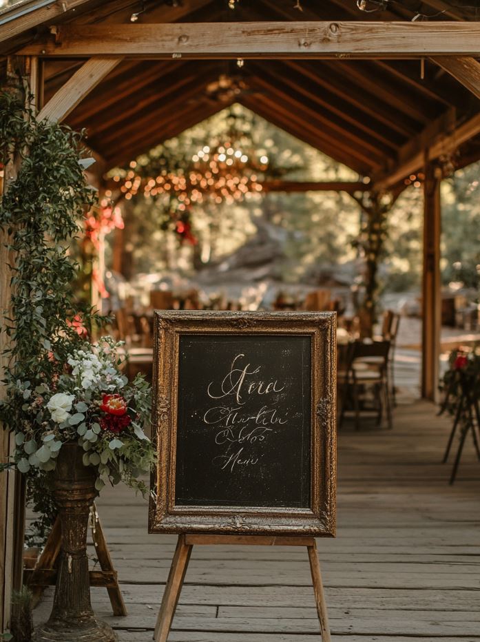 A wooden vintage wedding sign with elegant calligraphy, directing guests to the ceremony and reception, paired with distressed frames for a charming, rustic touch.