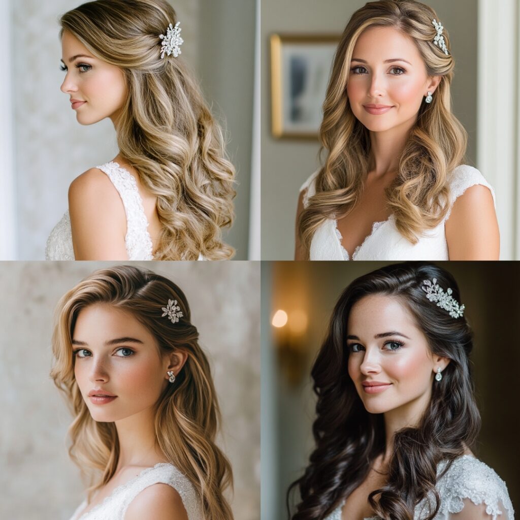 Bride with a voluminous half-up, half-down hairstyle, soft waves, and a sparkling clip, blending elegance and ease for a New Year's celebration.