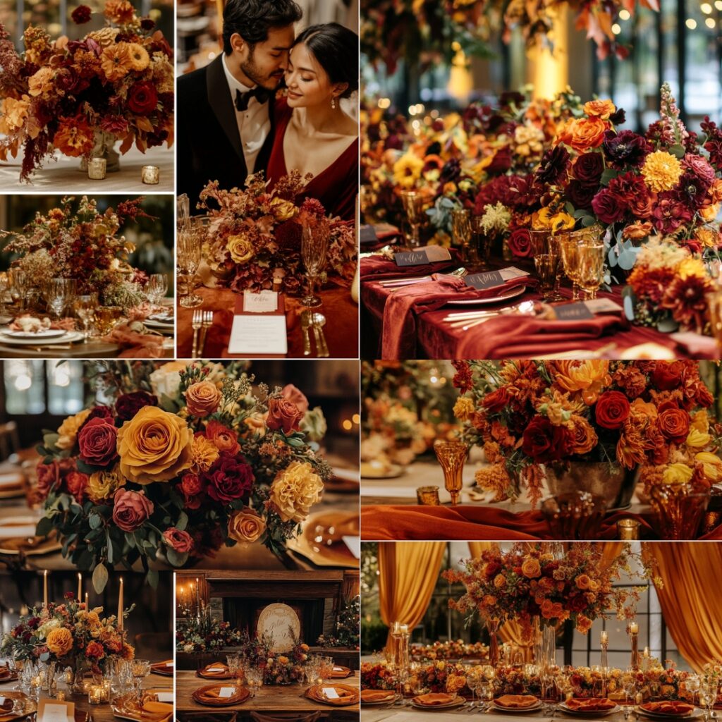 Elegant wedding decor featuring a warm color palette of deep reds, burnt oranges, and golden yellows, complemented by bold floral arrangements in cozy textures.