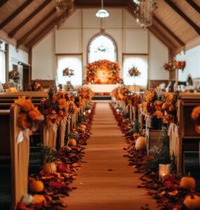 A beautifully decorated wedding aisle showcasing Thanksgiving-themed elements, creating a memorable and inviting atmosphere for guests during the ceremony.
