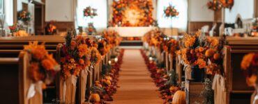A beautifully decorated wedding aisle showcasing Thanksgiving-themed elements, creating a memorable and inviting atmosphere for guests during the ceremony.