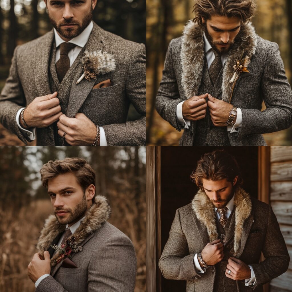 A groom in a rugged brown or gray suit, accessorized with faux fur cuffs, a furry collar, and wolf-themed jewelry, capturing the wild and bold essence of a werewolf.