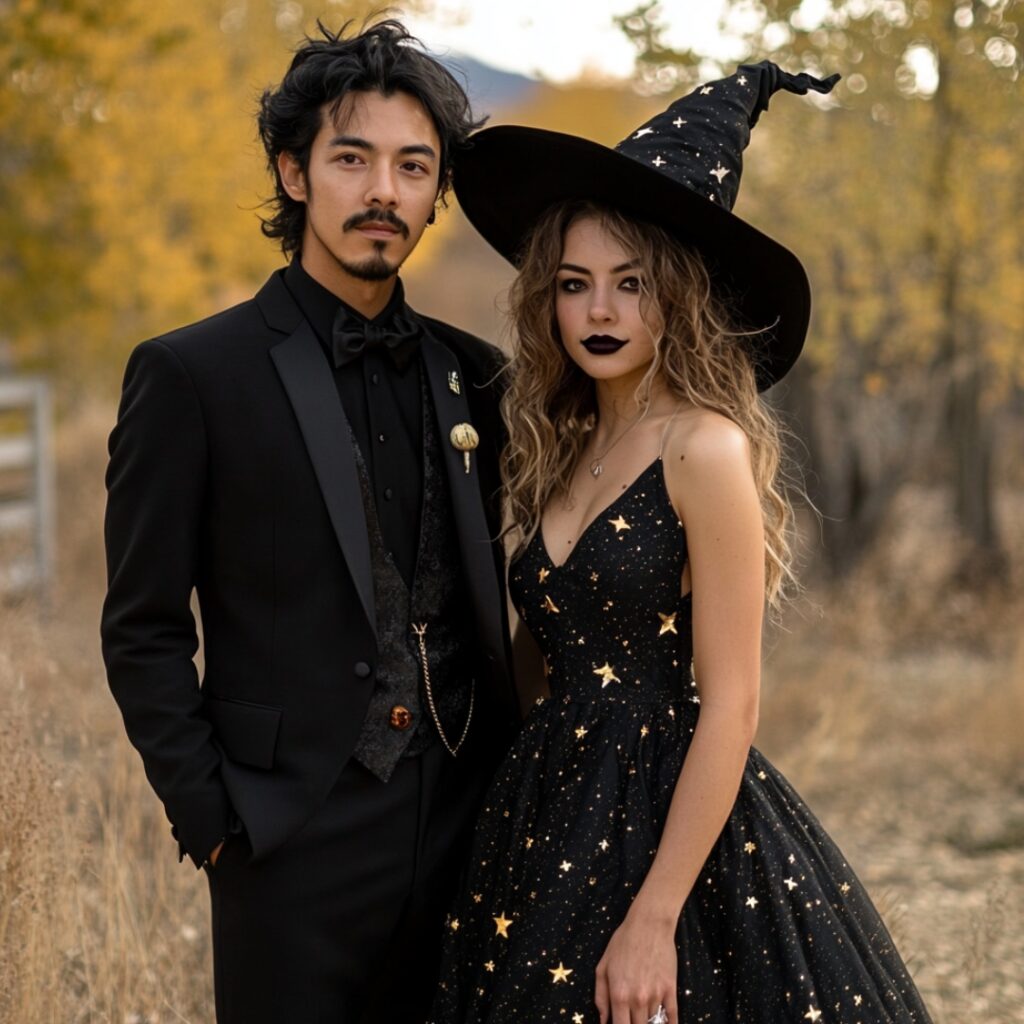 Couple dressed as whimsical Halloween characters, with a dapper vampire in a fitted black suit and a glamorous witch in a flowing black dress adorned with stars.