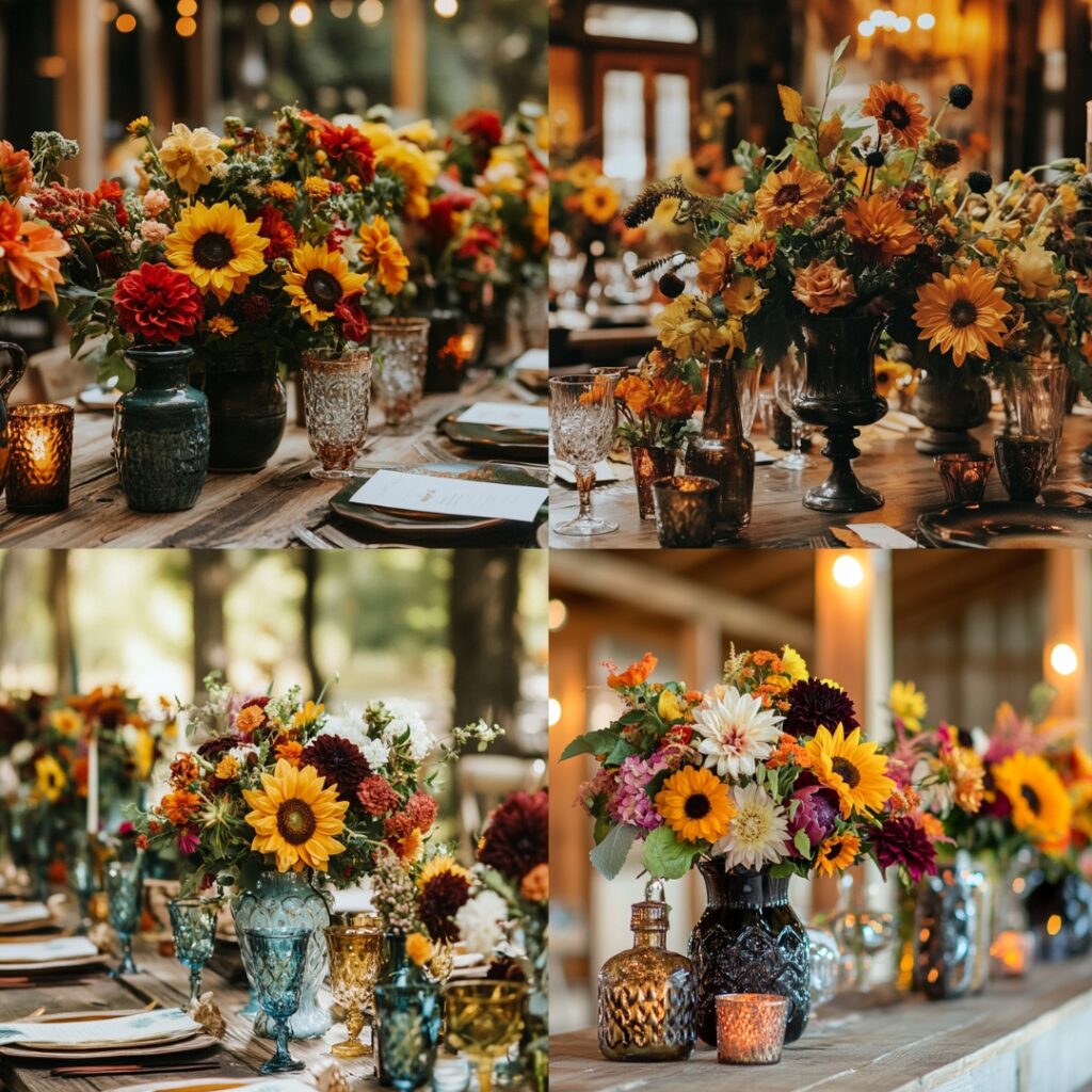 Playful Thanksgiving wedding table decor featuring vibrant seasonal flowers like sunflowers and dahlias in mismatched vintage vases, enhanced with greenery for added texture.