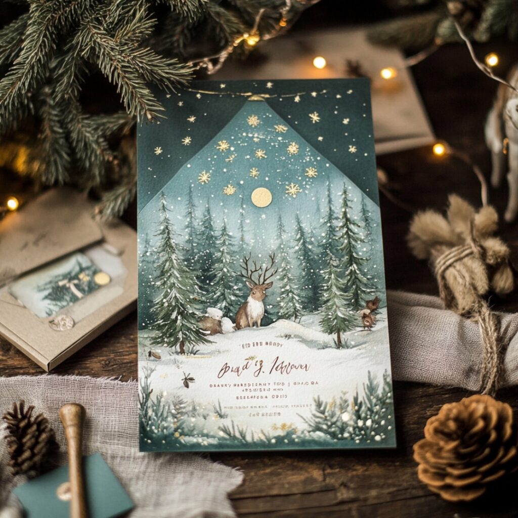 A whimsical forest wedding invitation with illustrations of snowy pine trees, fairy lights, and woodland animals, evoking a festive and enchanted December wedding.