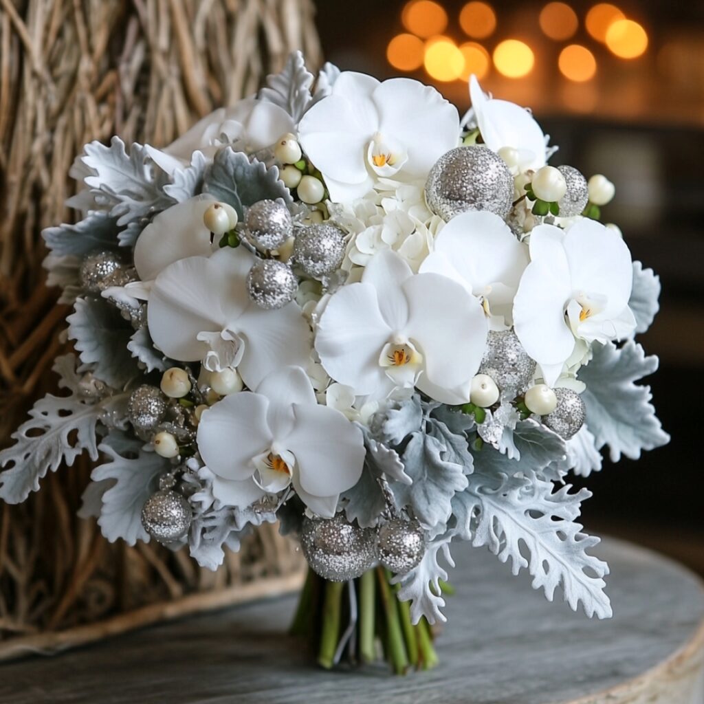 An elegant December wedding bouquet combining white orchids with silver brunia, offering a frosty, luxurious feel for winter celebrations.