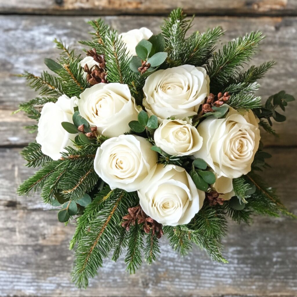 A winter wedding bouquet featuring white roses and evergreen accents like pine and cedar, creating a classic, festive look for December weddings.