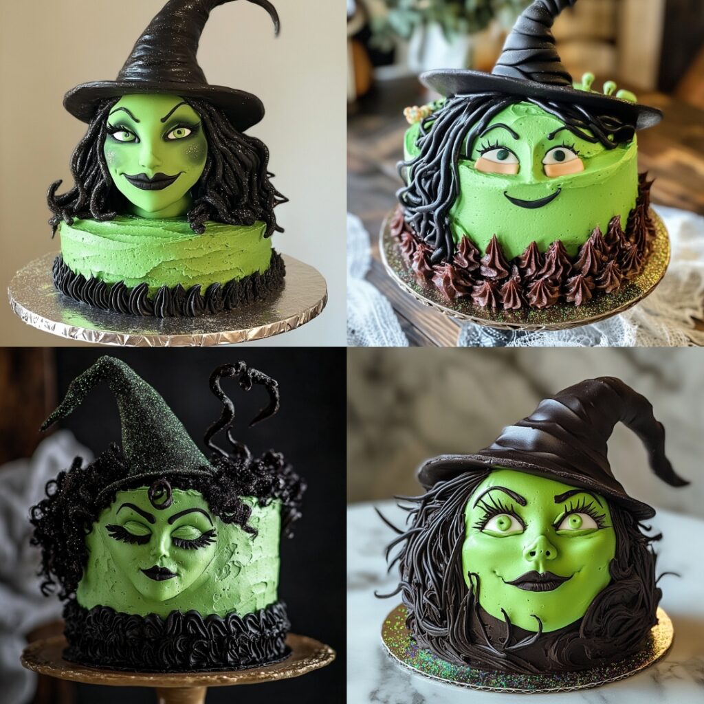A whimsical wicked witch cake made of chocolate with mint frosting, featuring a green fondant witch’s face, black licorice hair, and sparkling edible glitter.